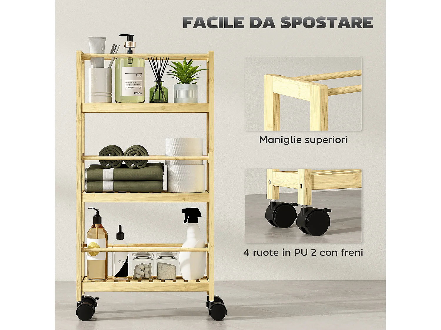 Scaffale bagno a 3 livelli a doghe con ruote in legno di bambù