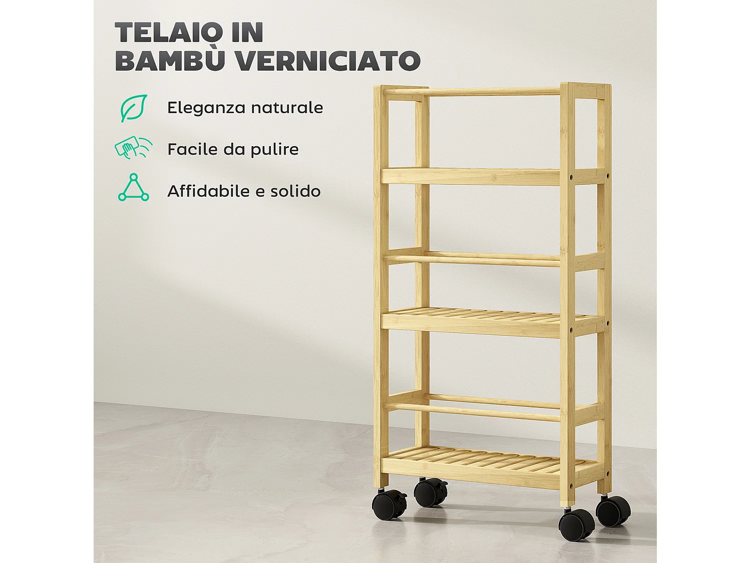 Scaffale bagno a 3 livelli a doghe con ruote in legno di bambù