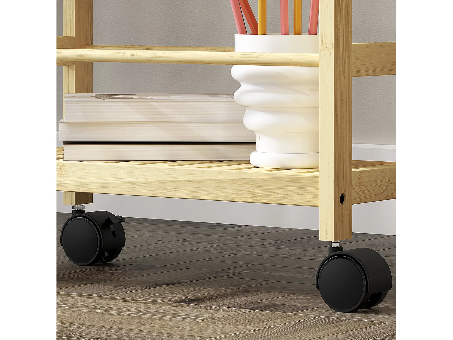 Scaffale bagno a 3 livelli a doghe con ruote in legno di bambù