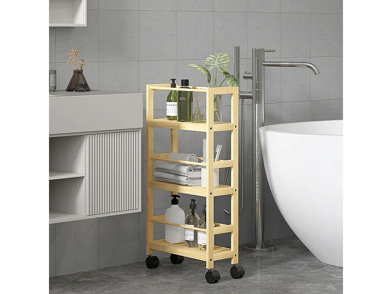 Scaffale bagno a 3 livelli a doghe con ruote in legno di bambù