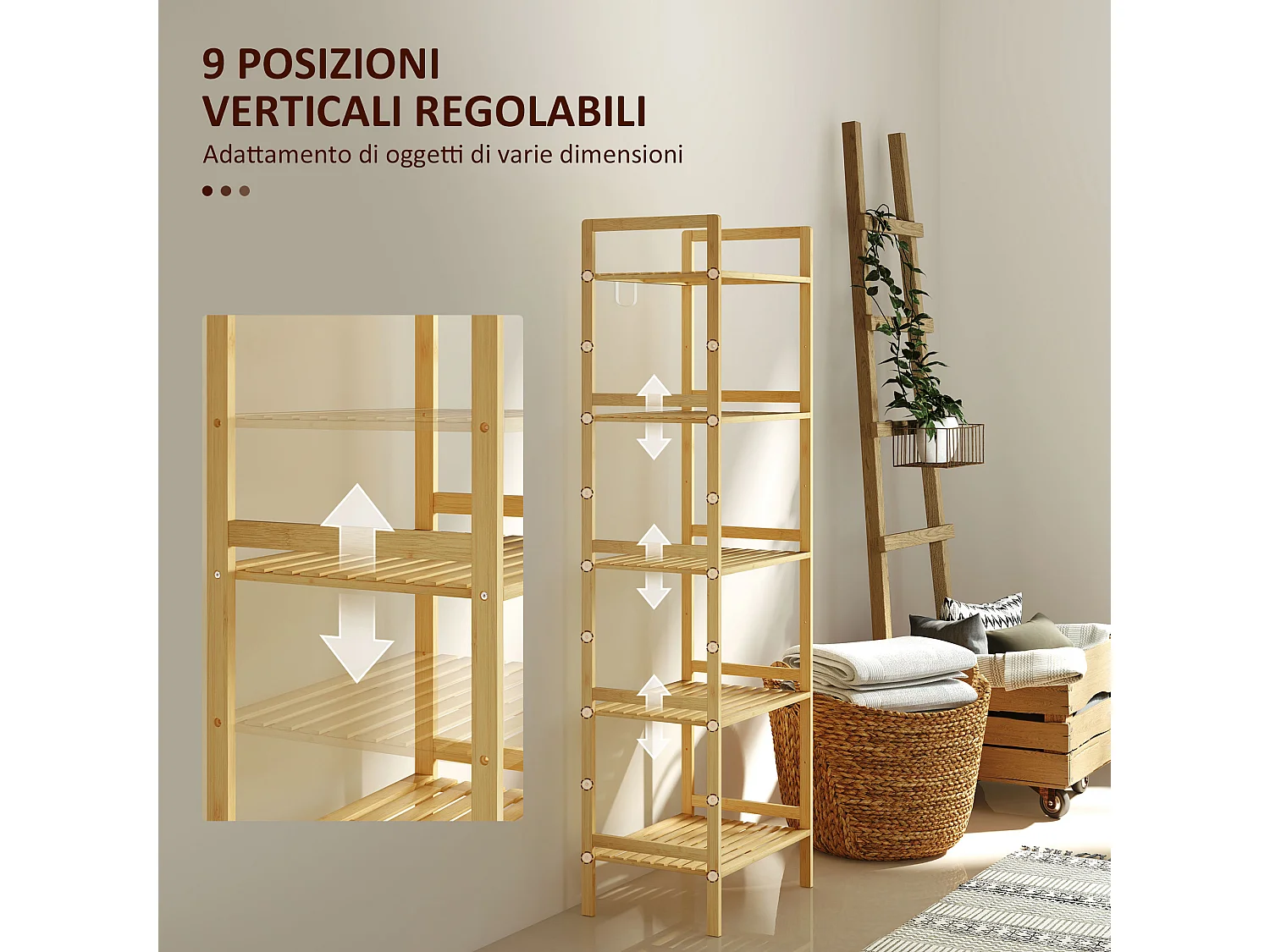 Scaffale bagno con 5 ripiani regolabili in altezza in bambù