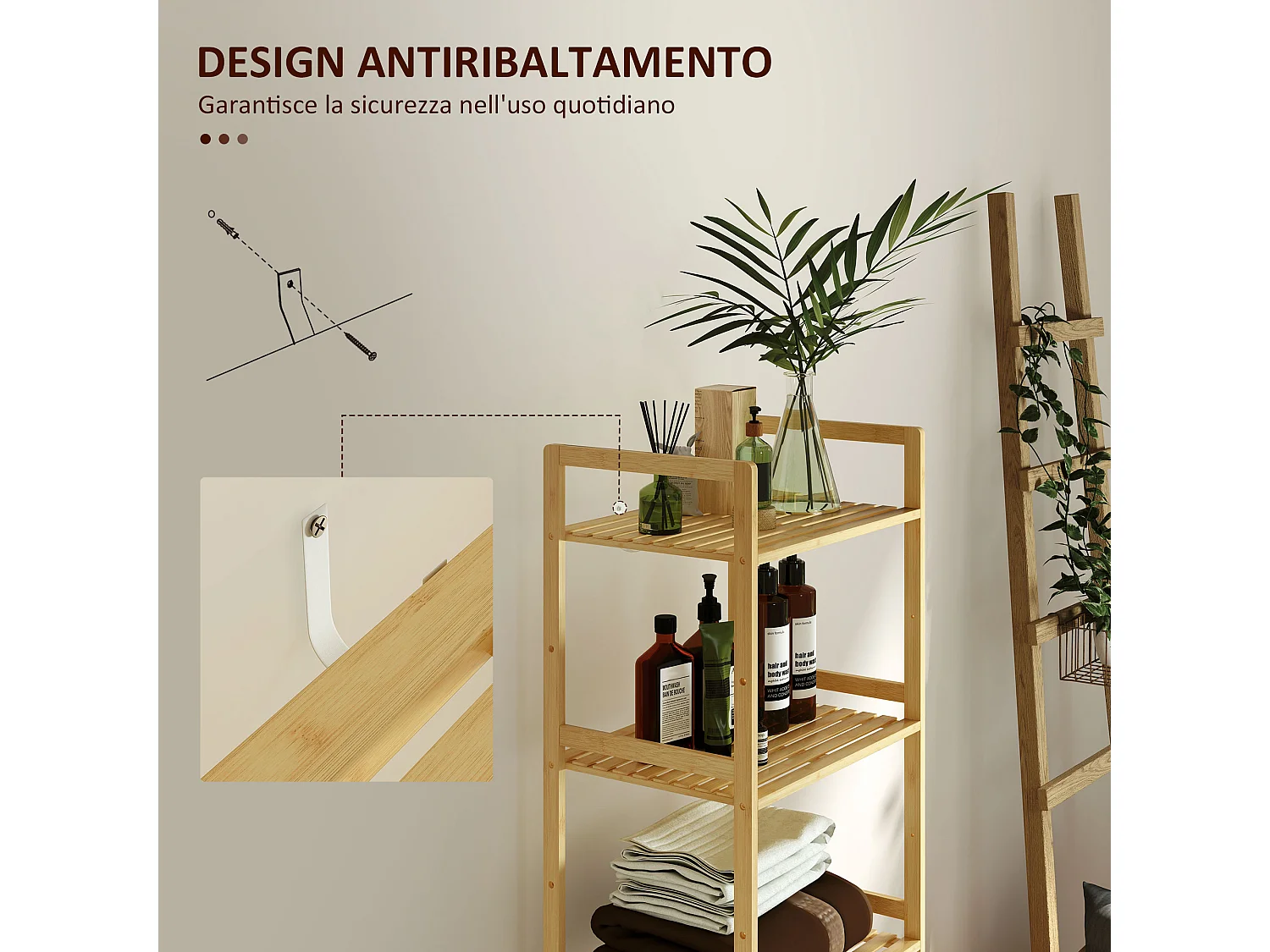 Scaffale bagno con 5 ripiani regolabili in altezza in bambù