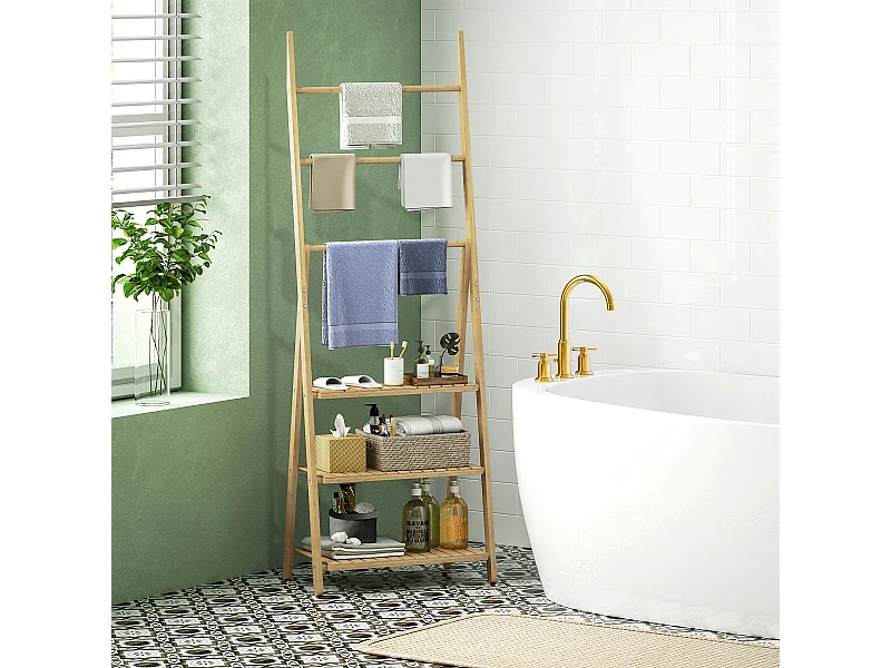 Scaffale bagno 3 ripiani con portasciugamani pieghevole in legno