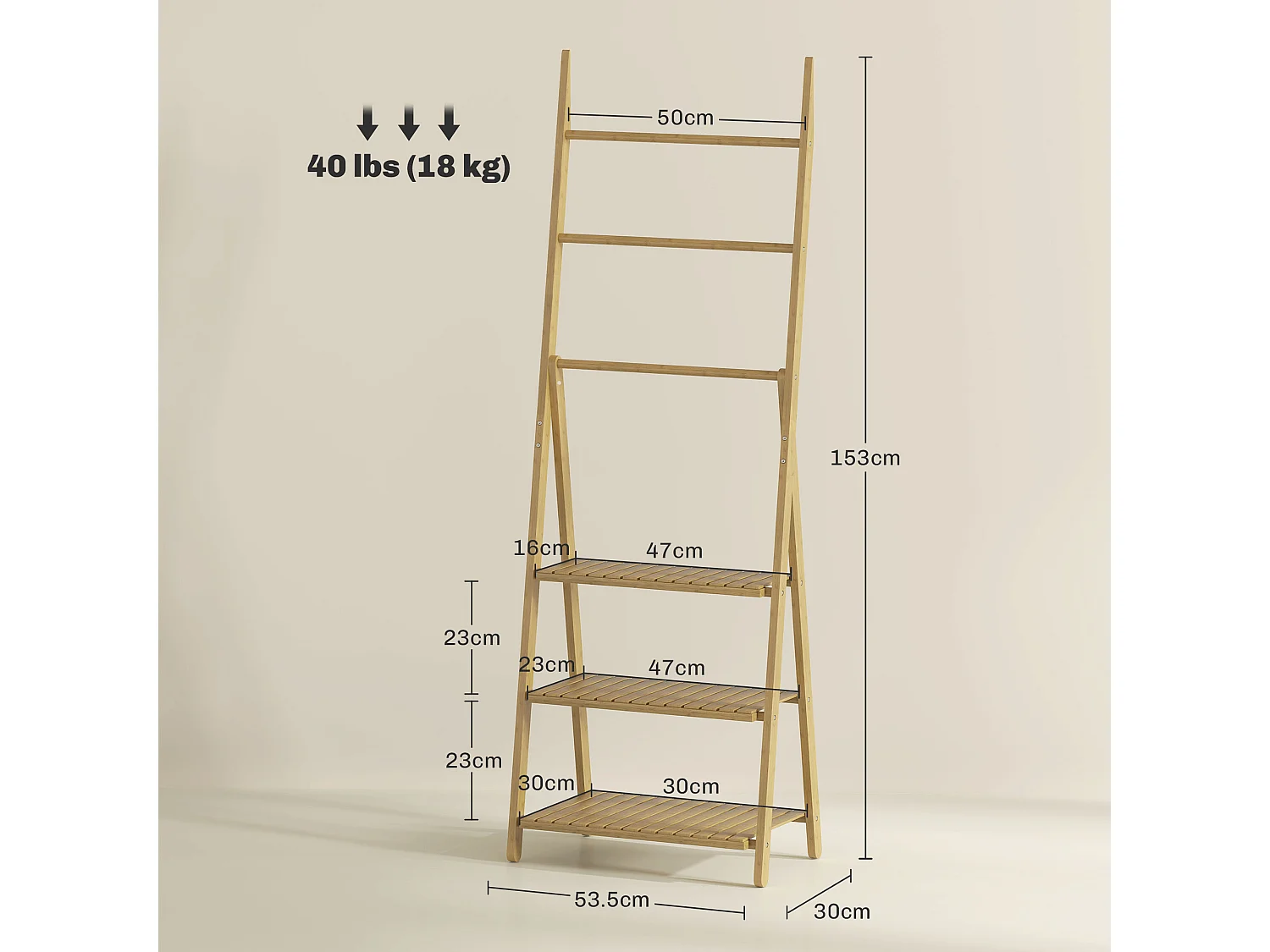 Scaffale bagno 3 ripiani con portasciugamani pieghevole in legno