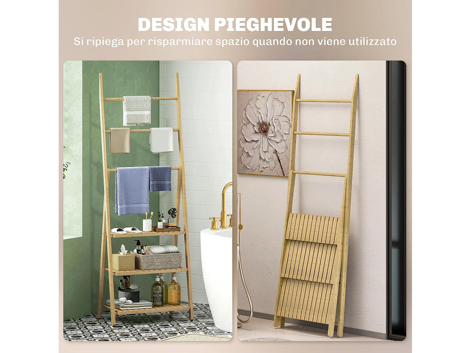 Scaffale bagno 3 ripiani con portasciugamani pieghevole in legno