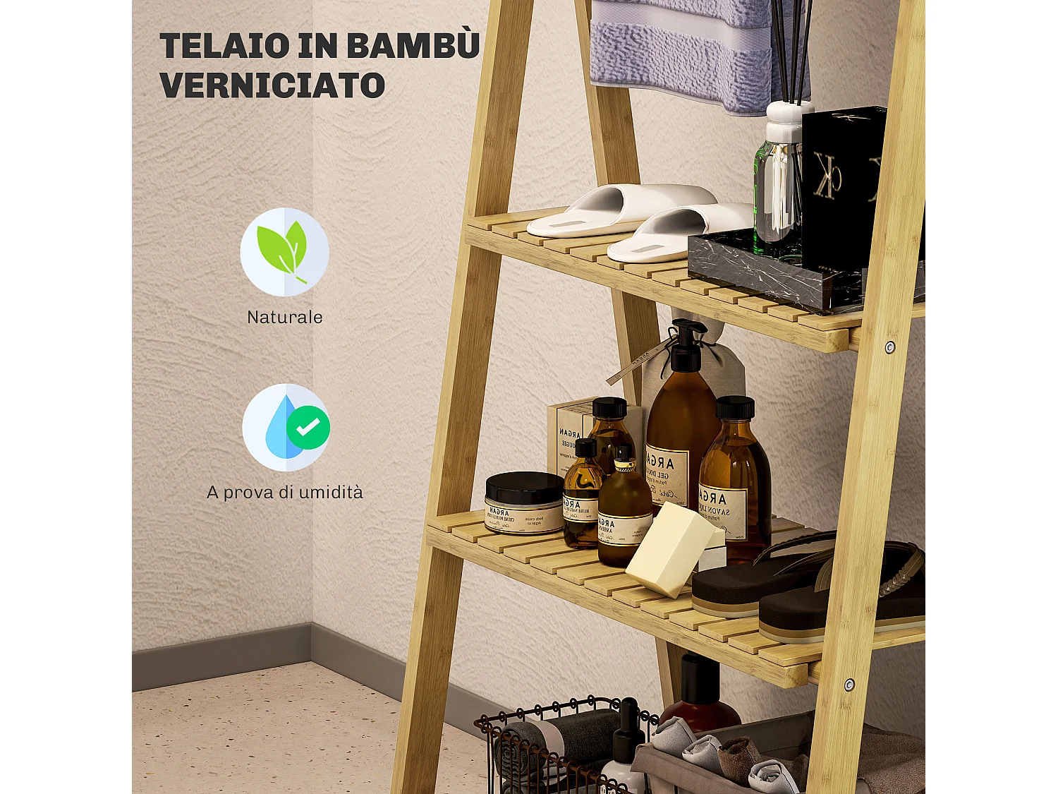 Scaffale bagno 3 ripiani con portasciugamani pieghevole in legno