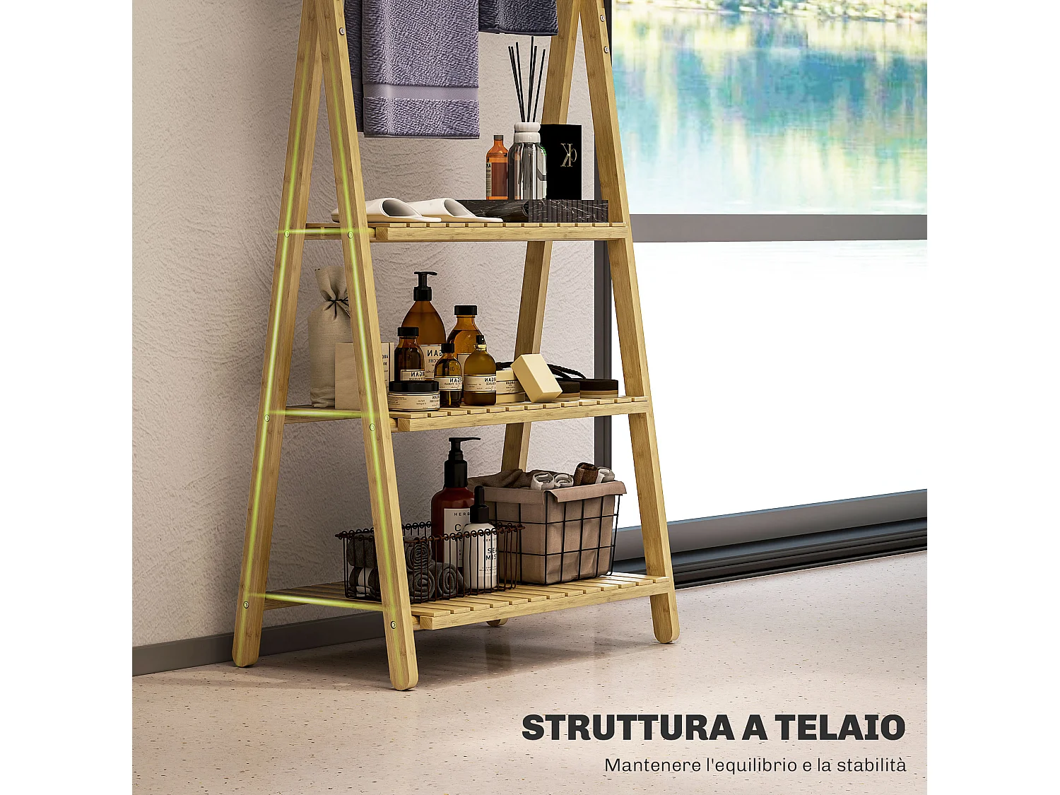 Scaffale bagno 3 ripiani con portasciugamani pieghevole in legno