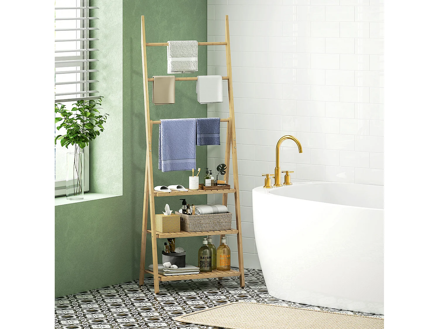 Scaffale bagno 3 ripiani con portasciugamani pieghevole in legno