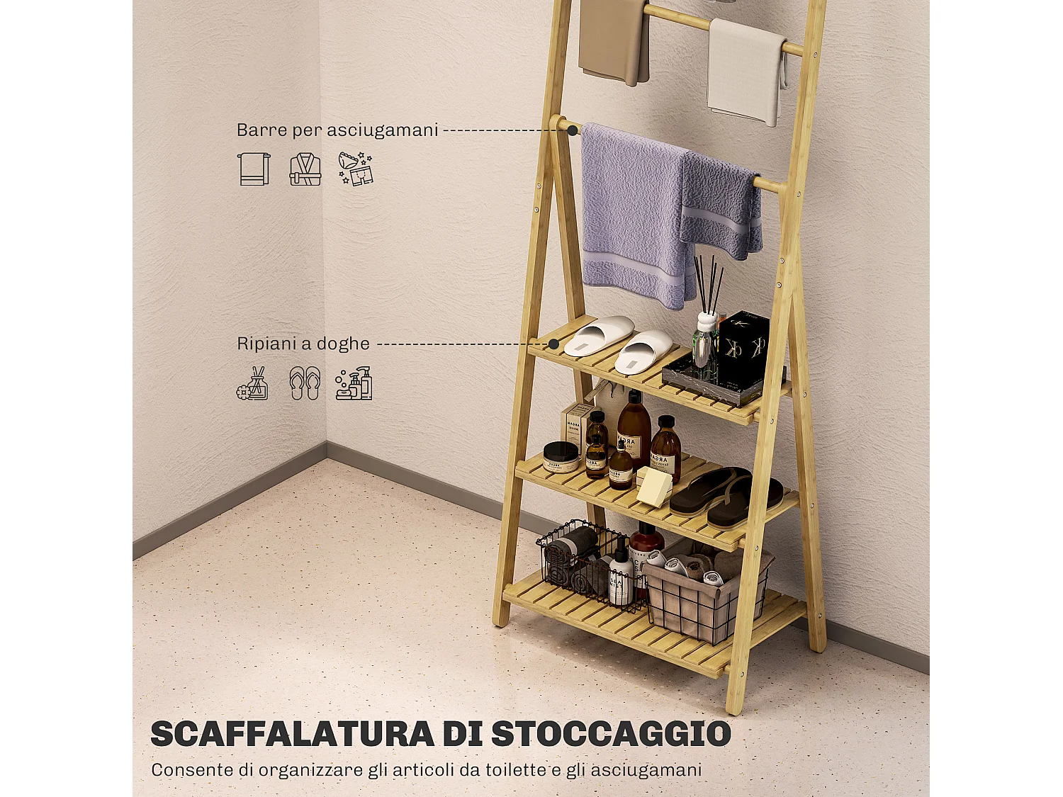Scaffale bagno 3 ripiani con portasciugamani pieghevole in legno