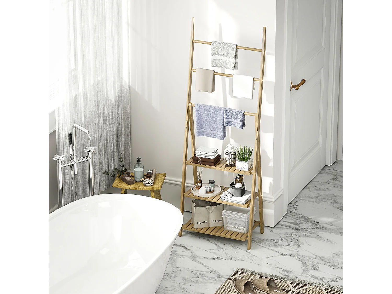 Scaffale bagno 3 ripiani con portasciugamani pieghevole in legno