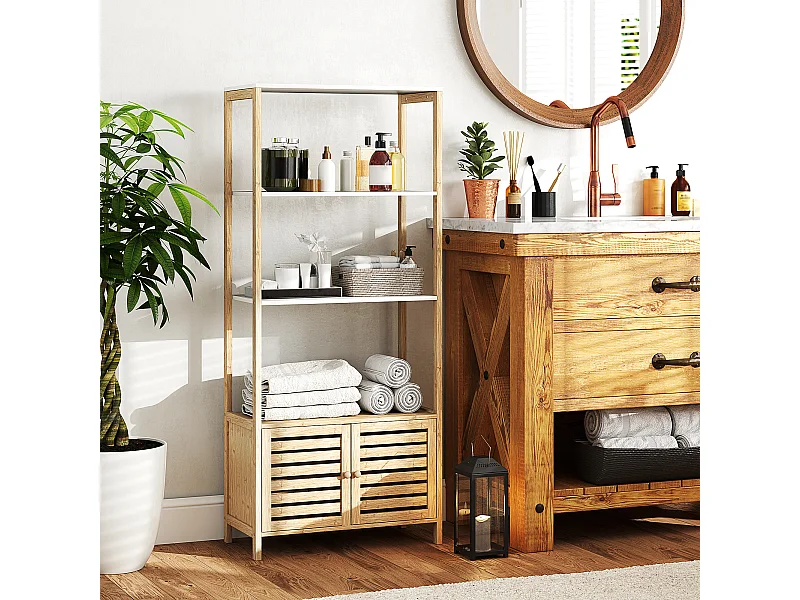 Mobile bagno a 3 ripiani e armadietto inferiore in bambù bianco legno