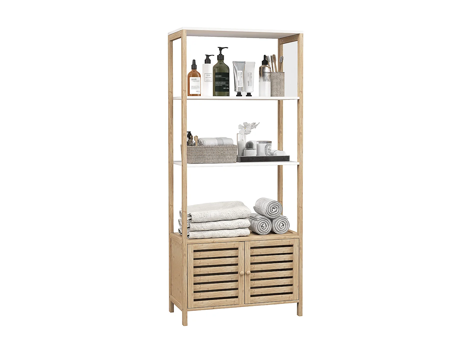 Mobile bagno a 3 ripiani e armadietto inferiore in bambù bianco legno