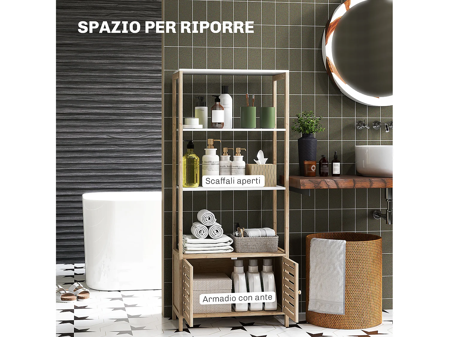 Mobile bagno a 3 ripiani e armadietto inferiore in bambù bianco legno