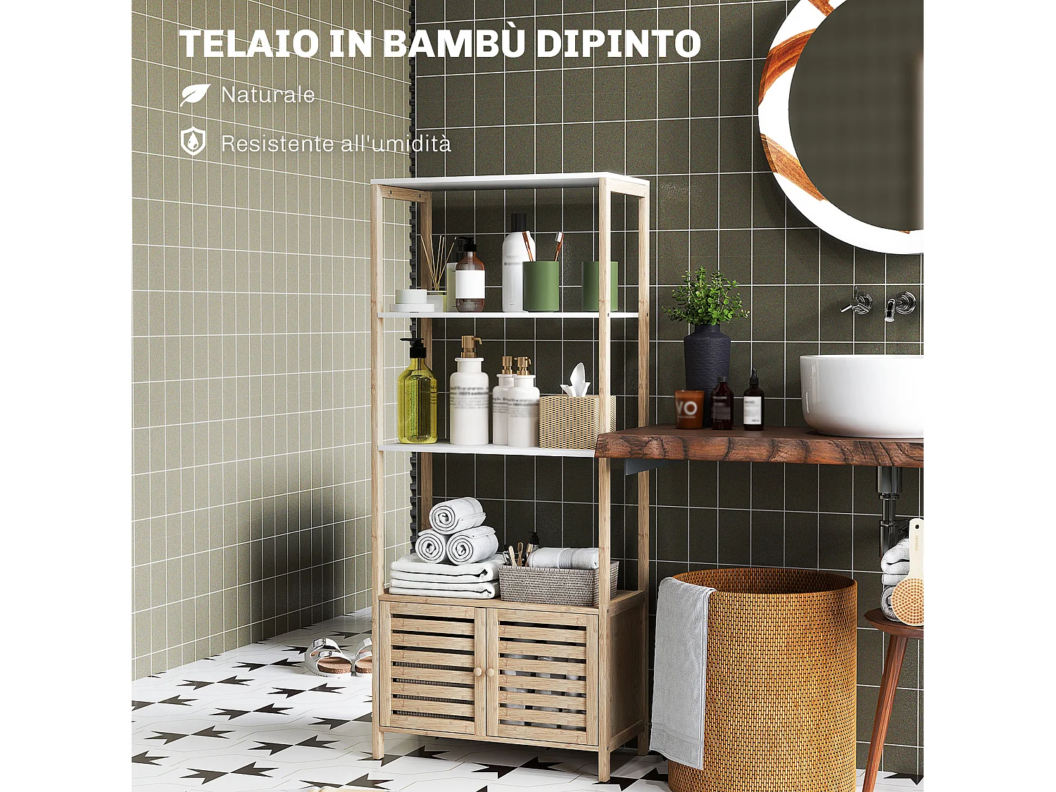 Mobile bagno a 3 ripiani e armadietto inferiore in bambù bianco legno