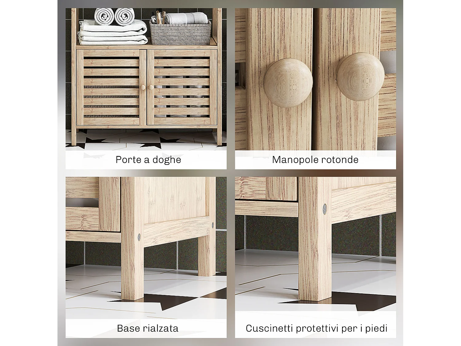 Mobile bagno a 3 ripiani e armadietto inferiore in bambù bianco legno
