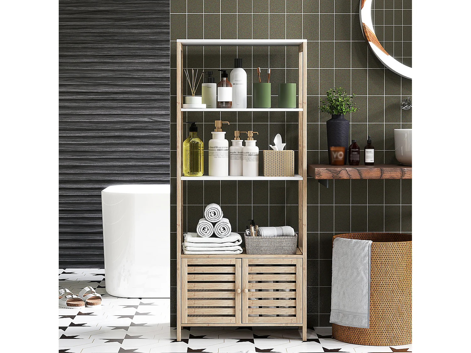 Mobile bagno a 3 ripiani e armadietto inferiore in bambù bianco legno