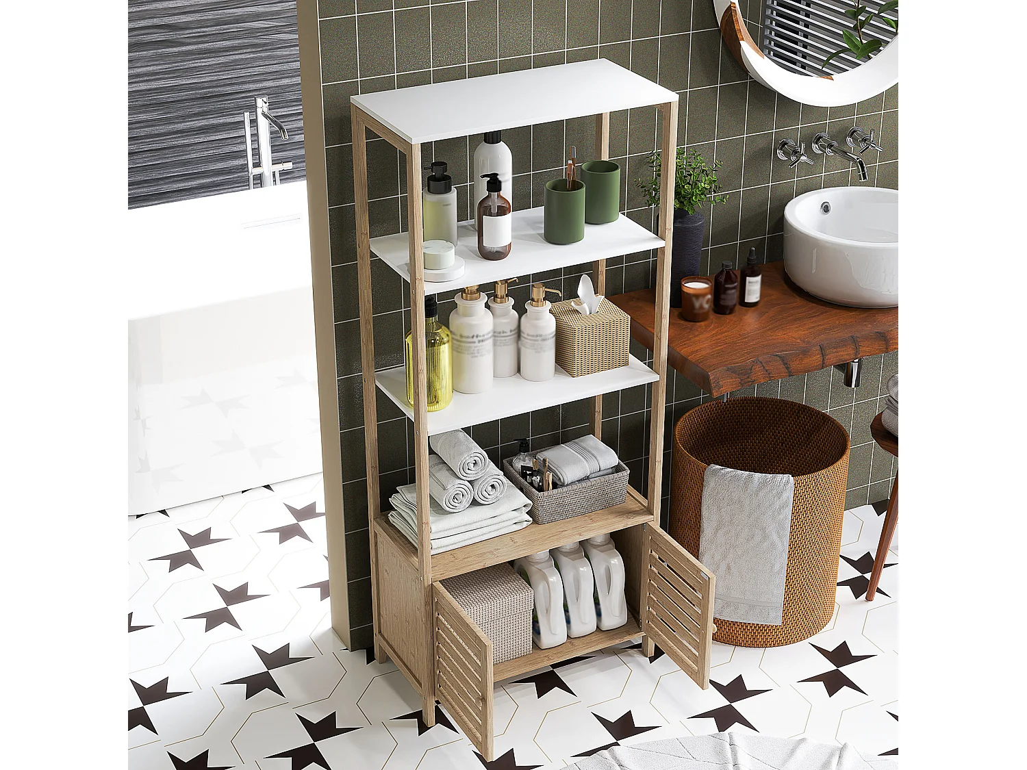 Mobile bagno a 3 ripiani e armadietto inferiore in bambù bianco legno