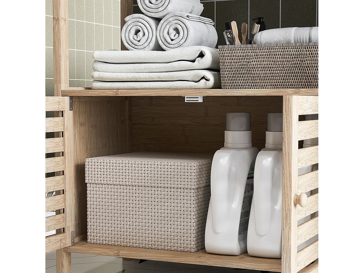 Mobile bagno a 3 ripiani e armadietto inferiore in bambù bianco legno