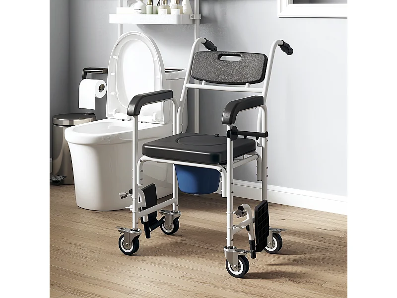 Sedia a rotelle wc impermeabile con poggiapiedi ribaltabili nera