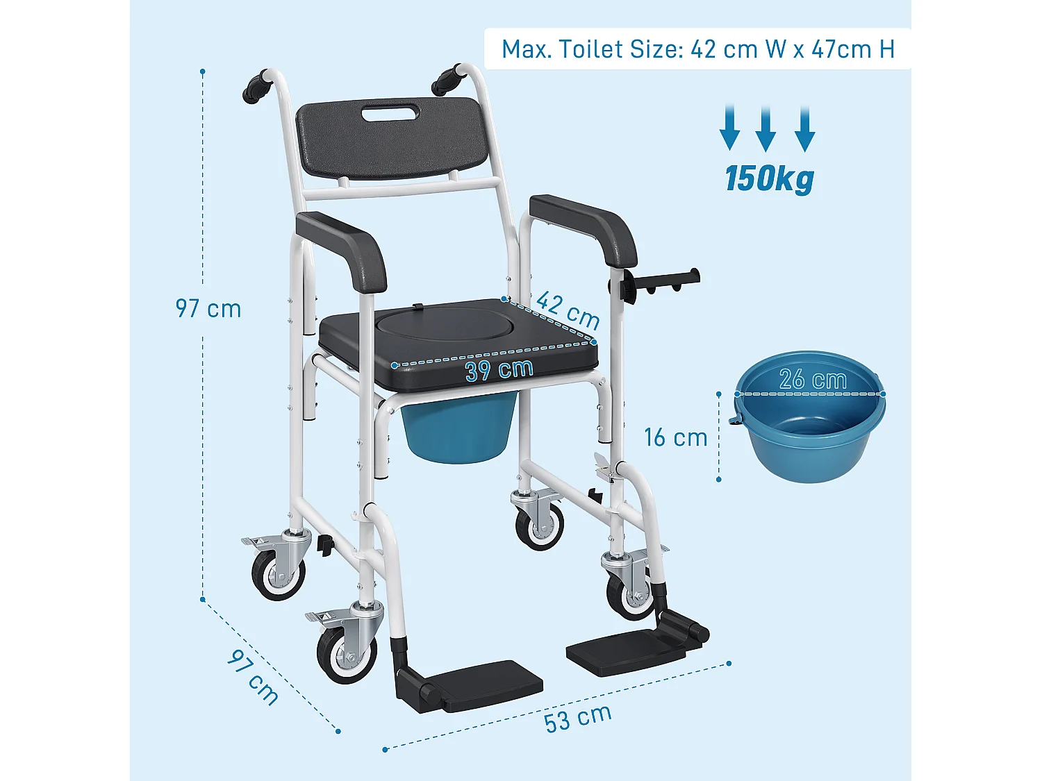 Sedia a rotelle wc impermeabile con poggiapiedi ribaltabili nera