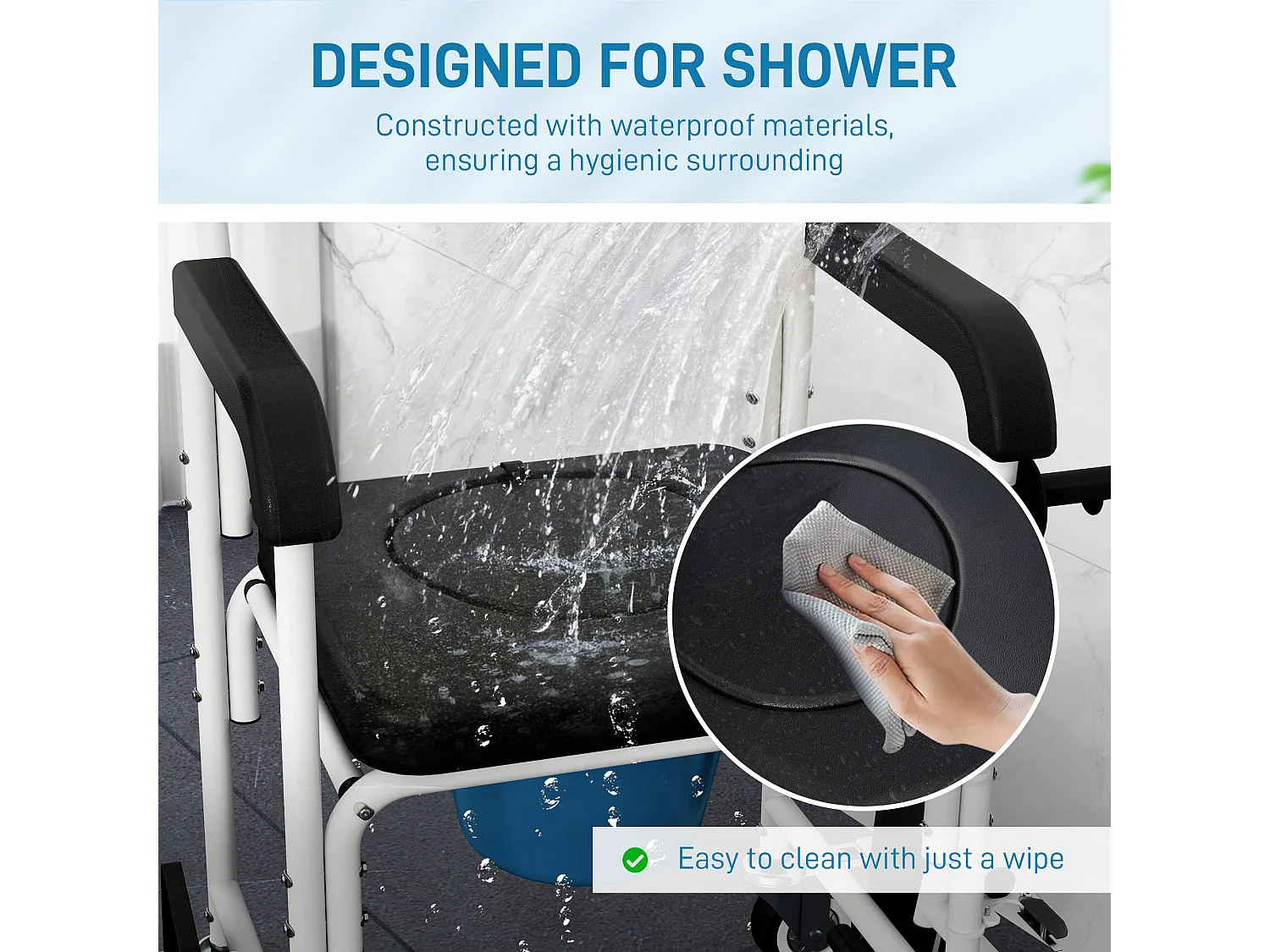 Sedia a rotelle wc impermeabile con poggiapiedi ribaltabili nera