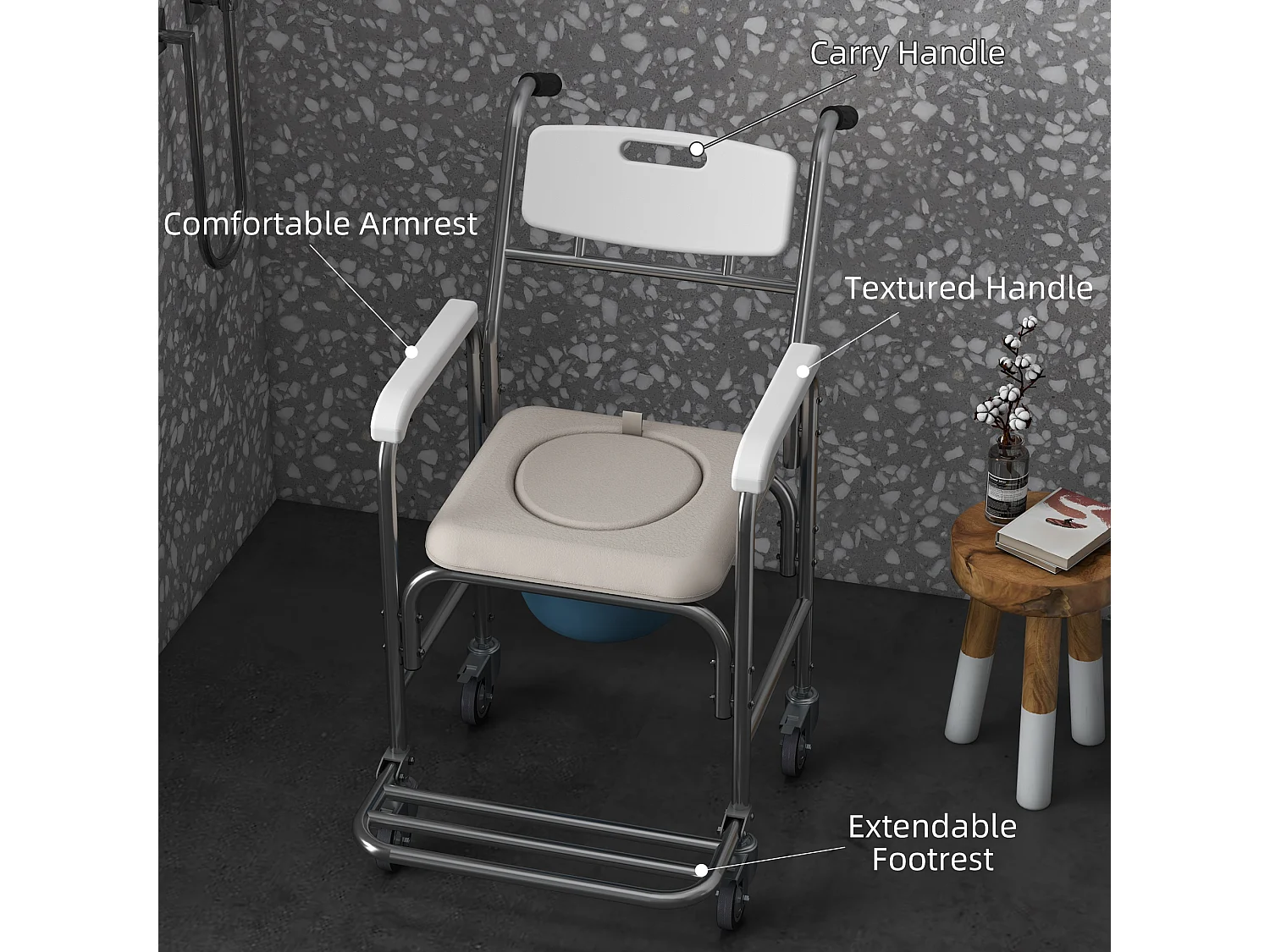 Sedia a rotelle impermeabile con wc  vaso rimovibile per anziani/disabili