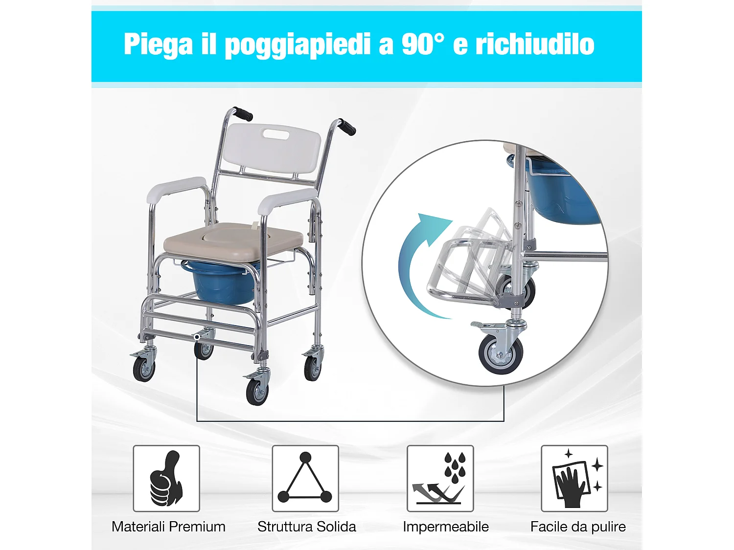 Sedia a rotelle impermeabile con wc  vaso rimovibile per anziani/disabili