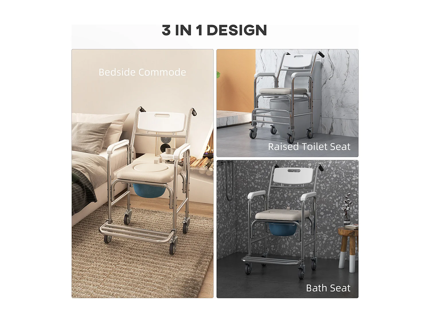 Sedia a rotelle impermeabile con wc  vaso rimovibile per anziani/disabili