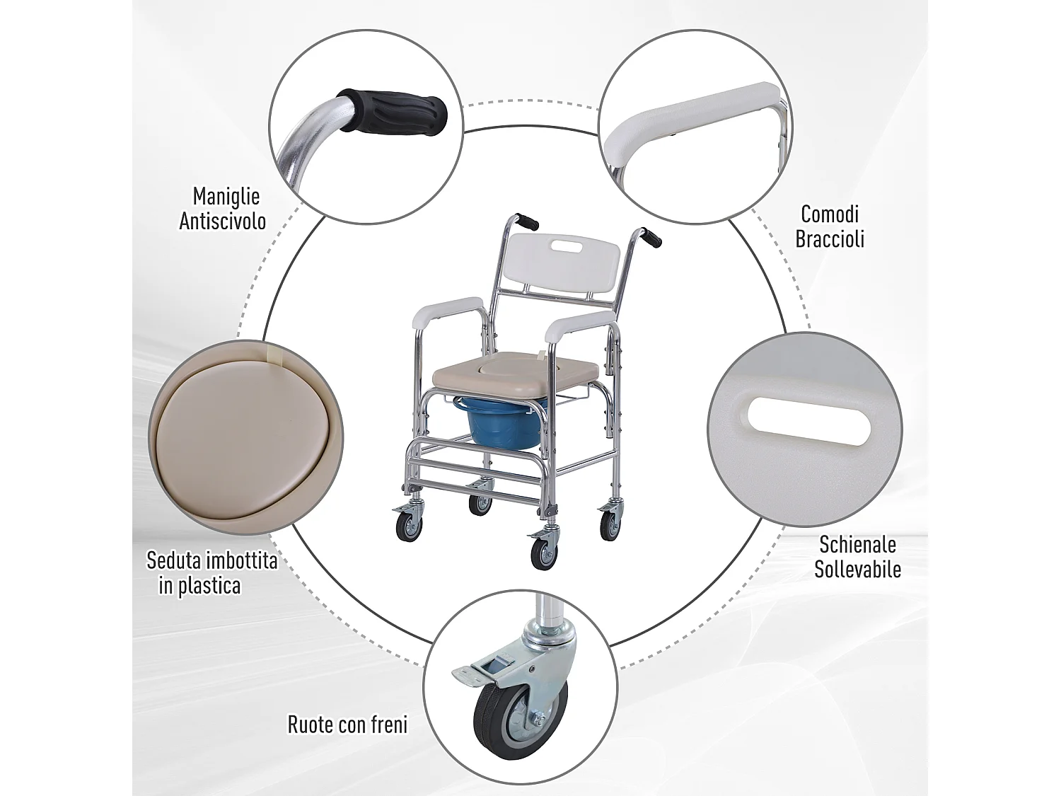 Sedia a rotelle impermeabile con wc  vaso rimovibile per anziani/disabili
