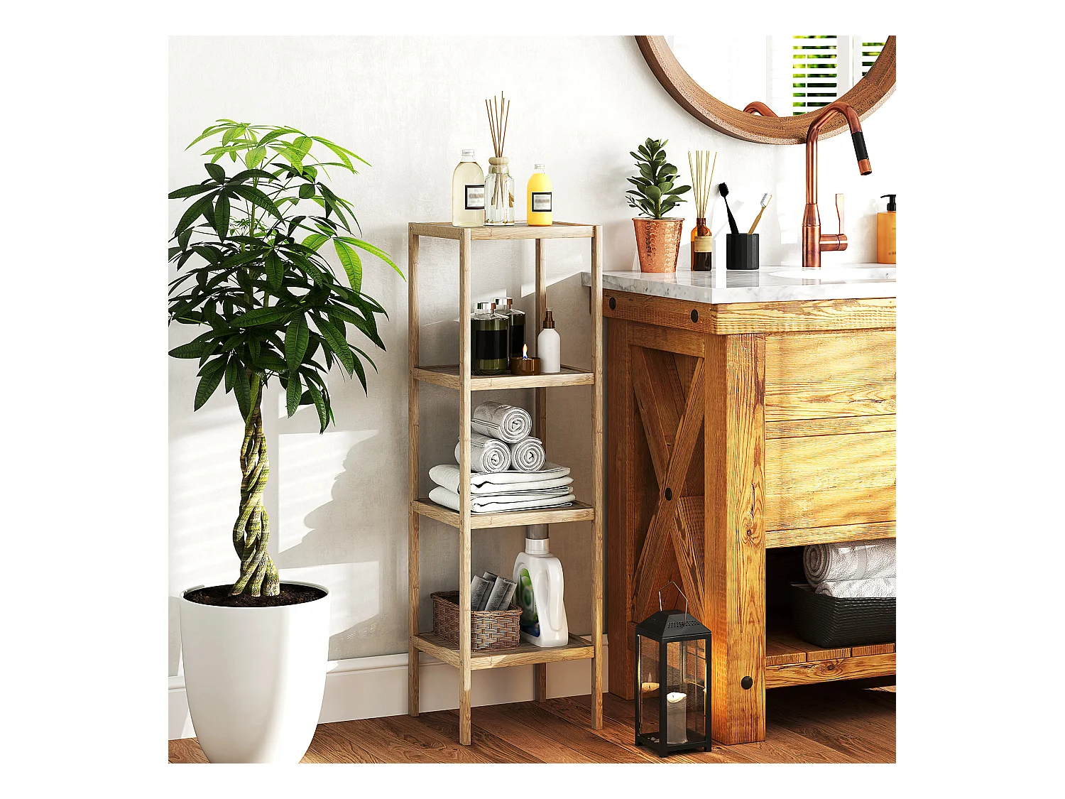 Mobile bagno moderno a 4 livelli in bambù 33x31x110 cm color legno