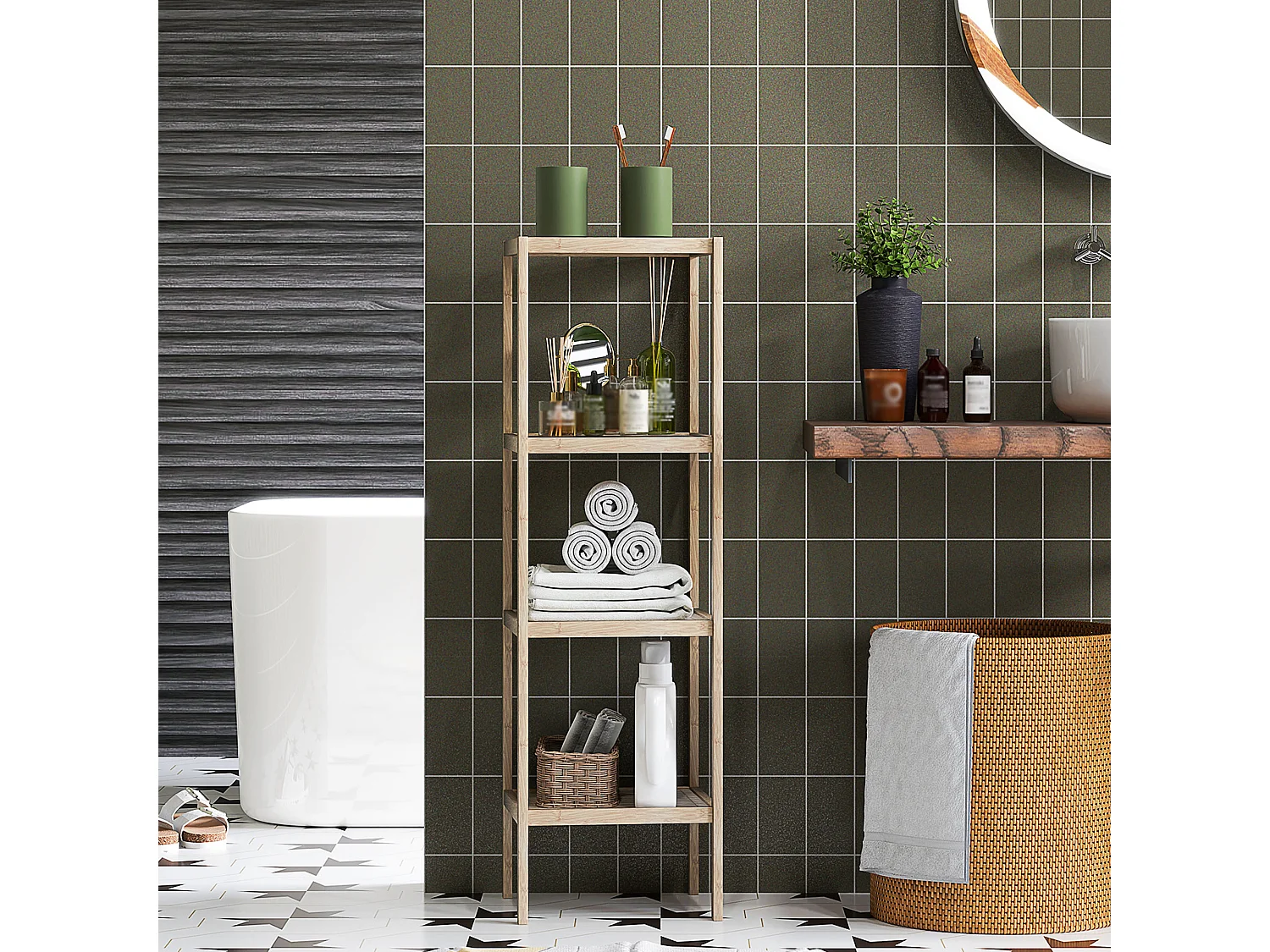 Mobile bagno moderno a 4 livelli in bambù 33x31x110 cm color legno