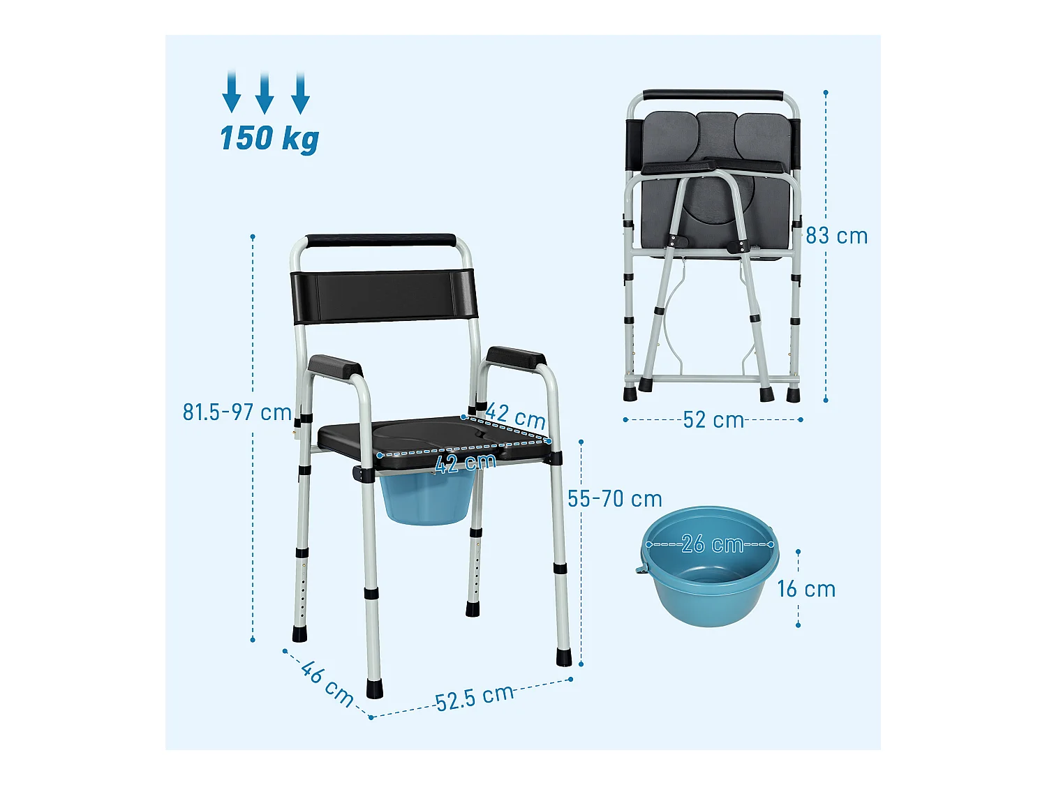 Sedia wc regolabile in altezza su 7 livelli e pieghevole nera