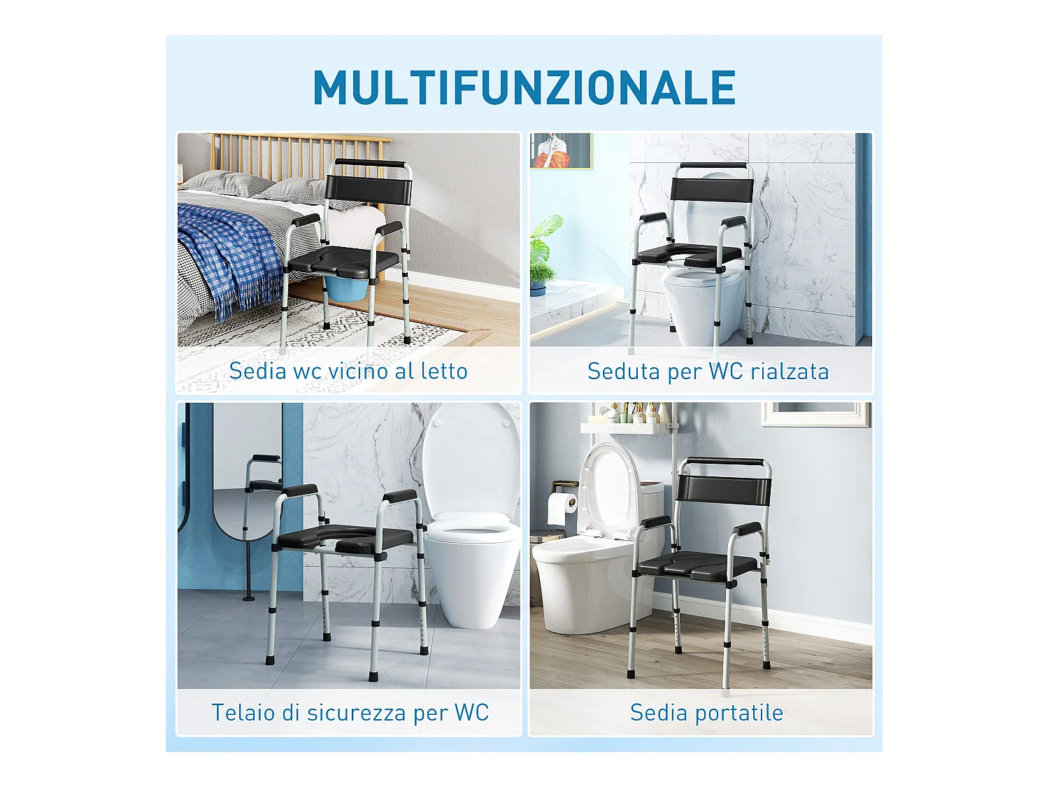 Sedia wc regolabile in altezza su 7 livelli e pieghevole nera