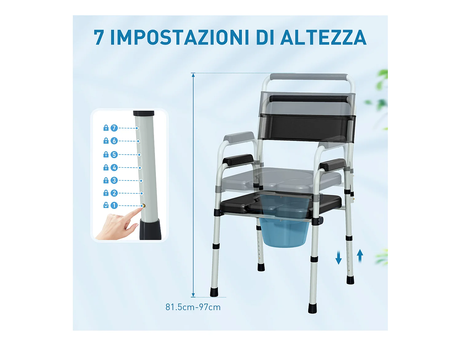 Sedia wc regolabile in altezza su 7 livelli e pieghevole nera