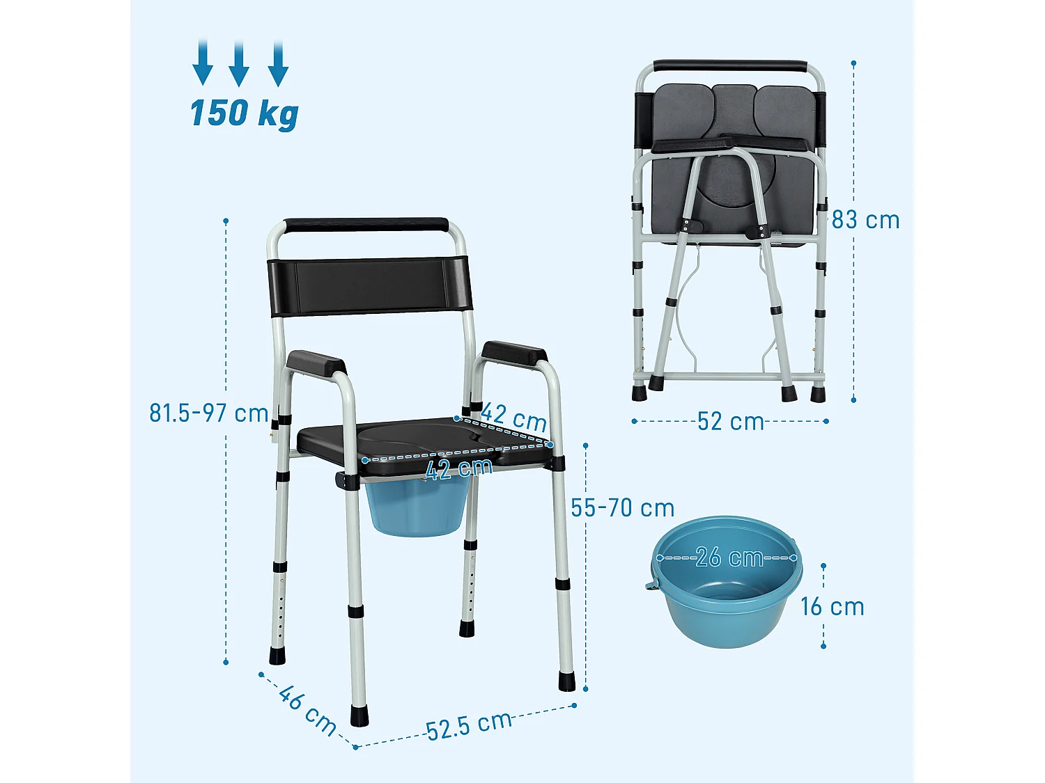 Sedia wc regolabile in altezza su 7 livelli e pieghevole nera