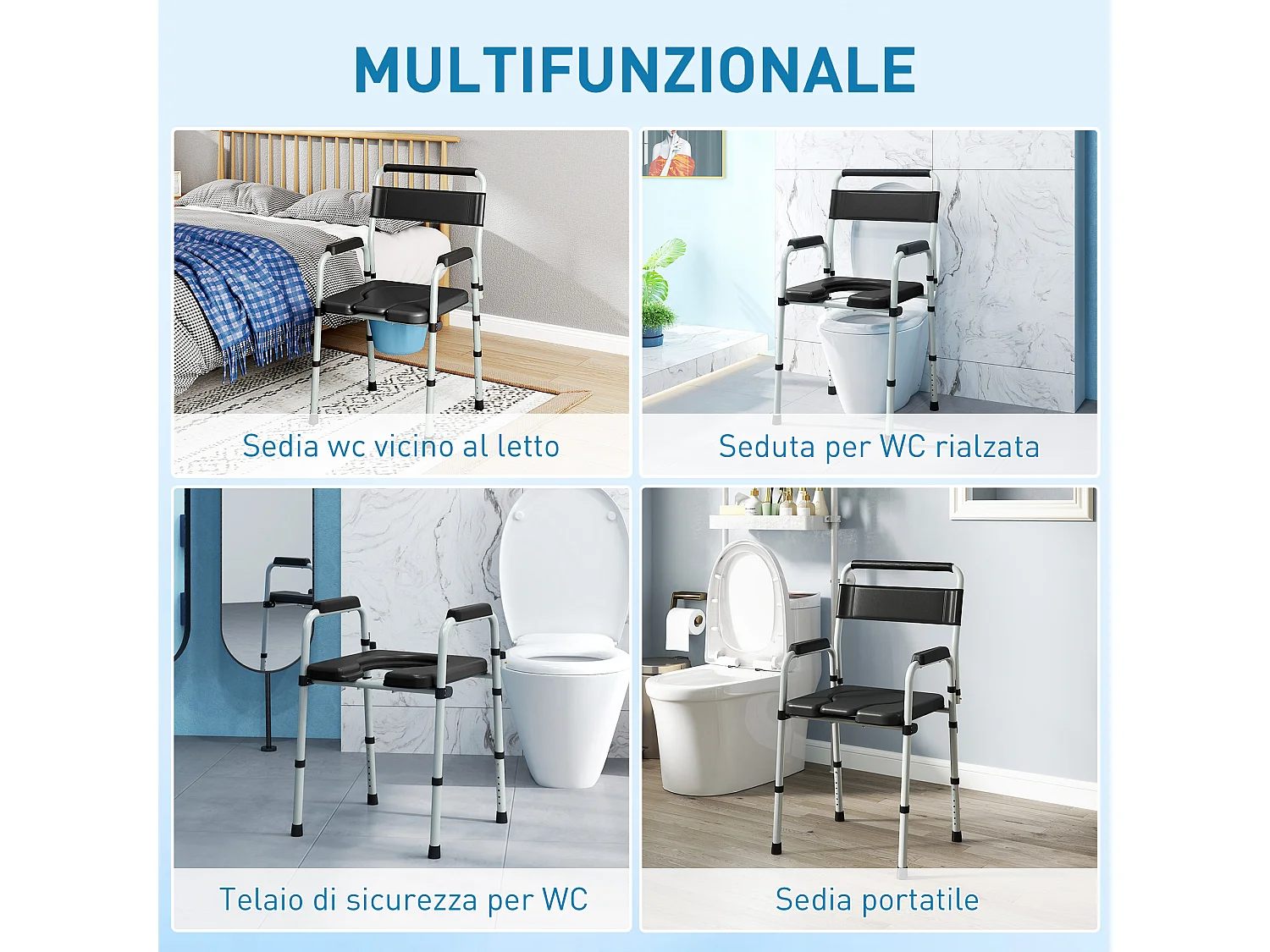 Sedia wc regolabile in altezza su 7 livelli e pieghevole nera