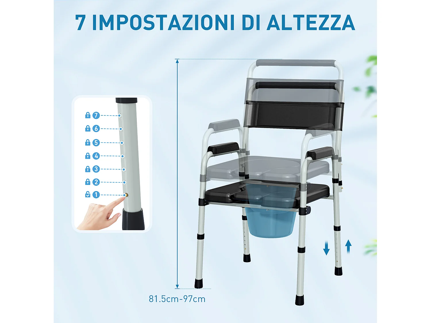 Sedia wc regolabile in altezza su 7 livelli e pieghevole nera