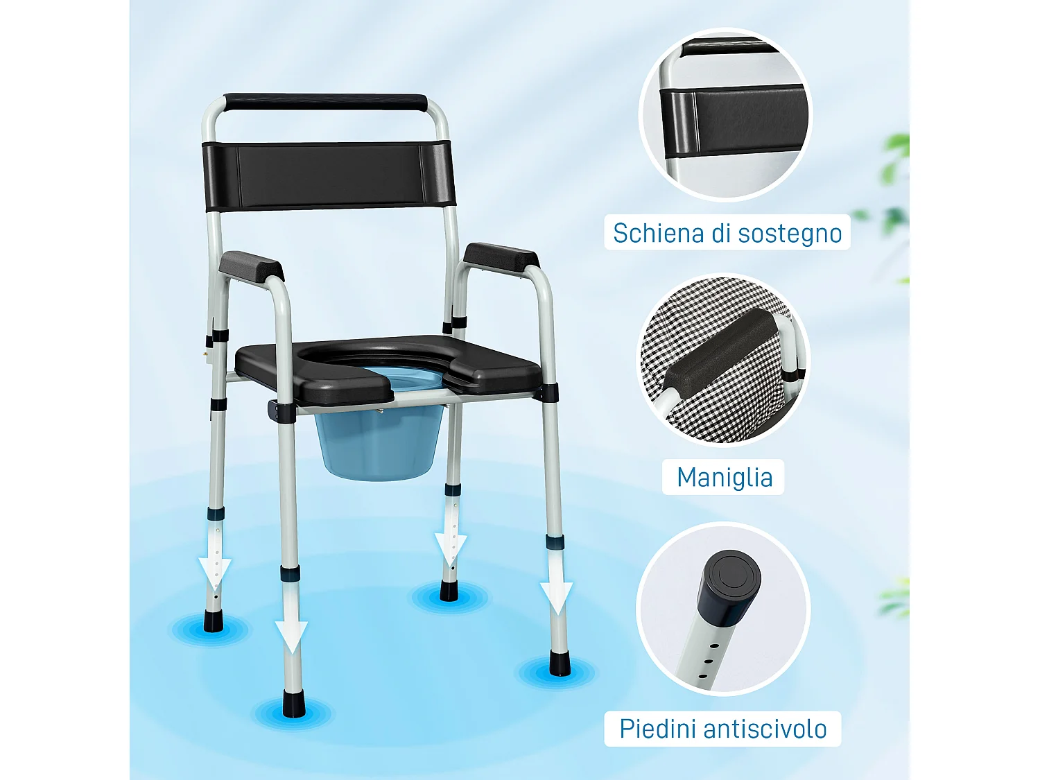 Sedia wc regolabile in altezza su 7 livelli e pieghevole nera