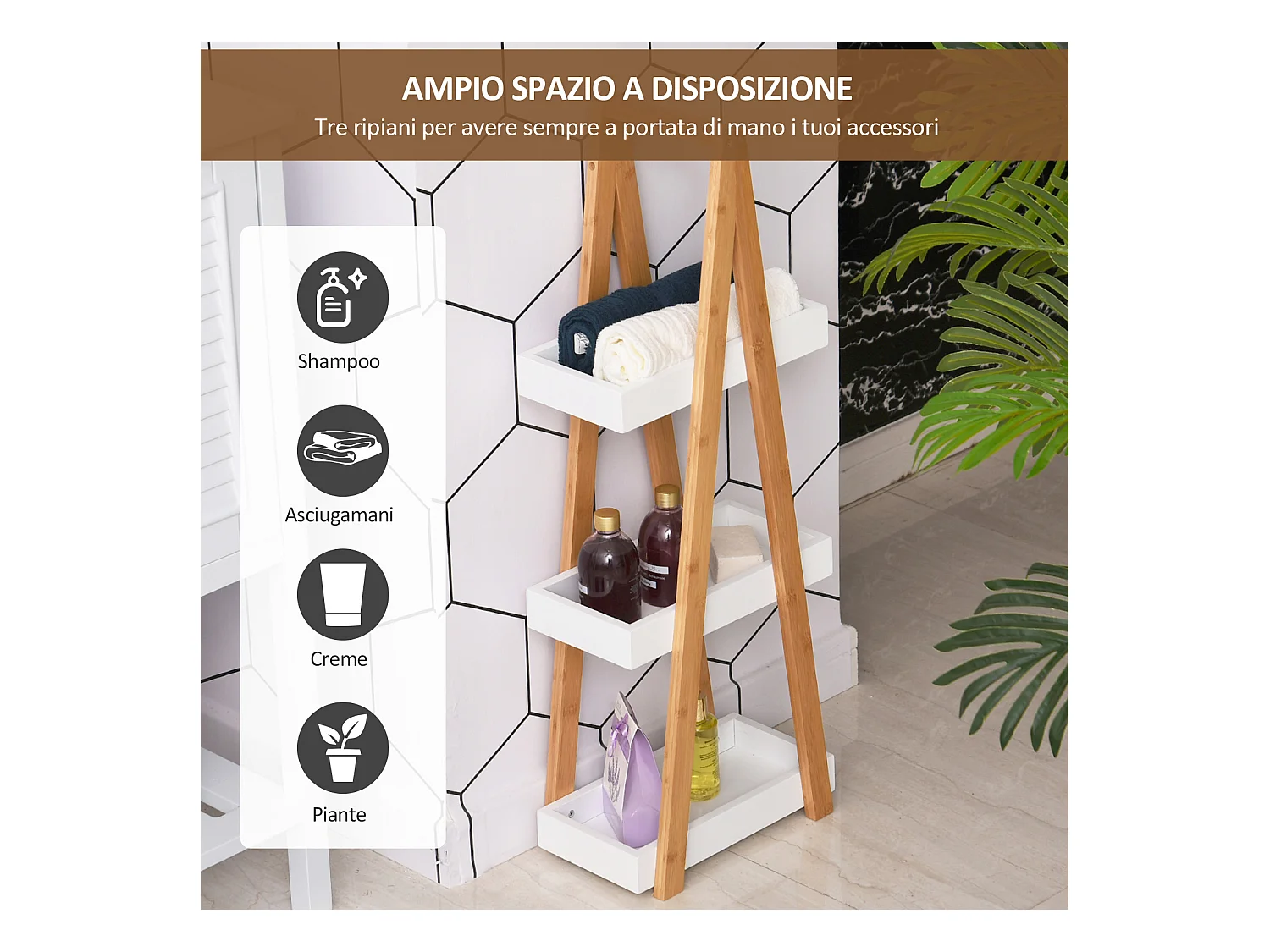 Scaffale bagno a 3 ripiani in mdf e bambù colore legno e grigio