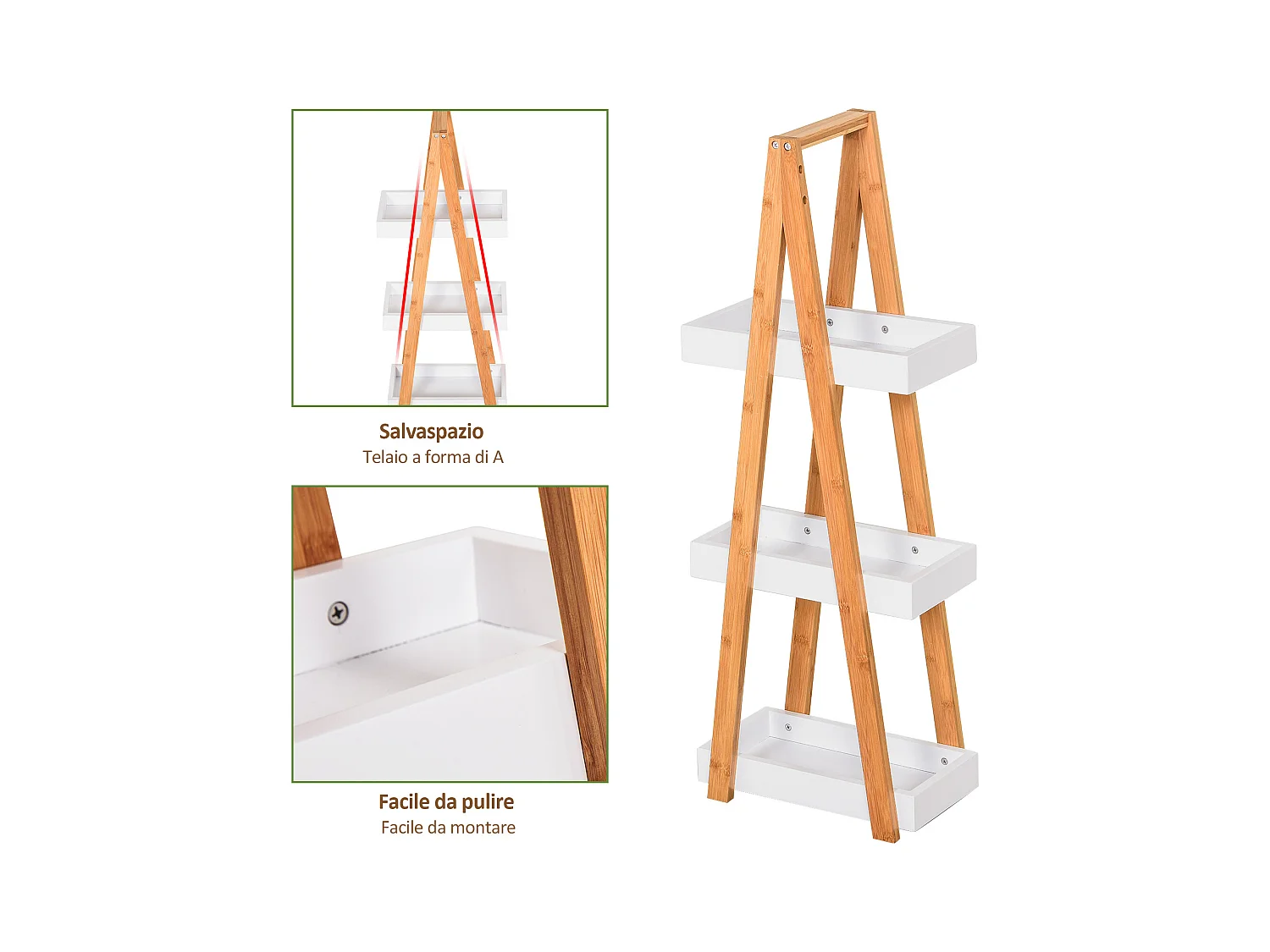 Scaffale bagno a 3 ripiani in mdf e bambù colore legno e grigio