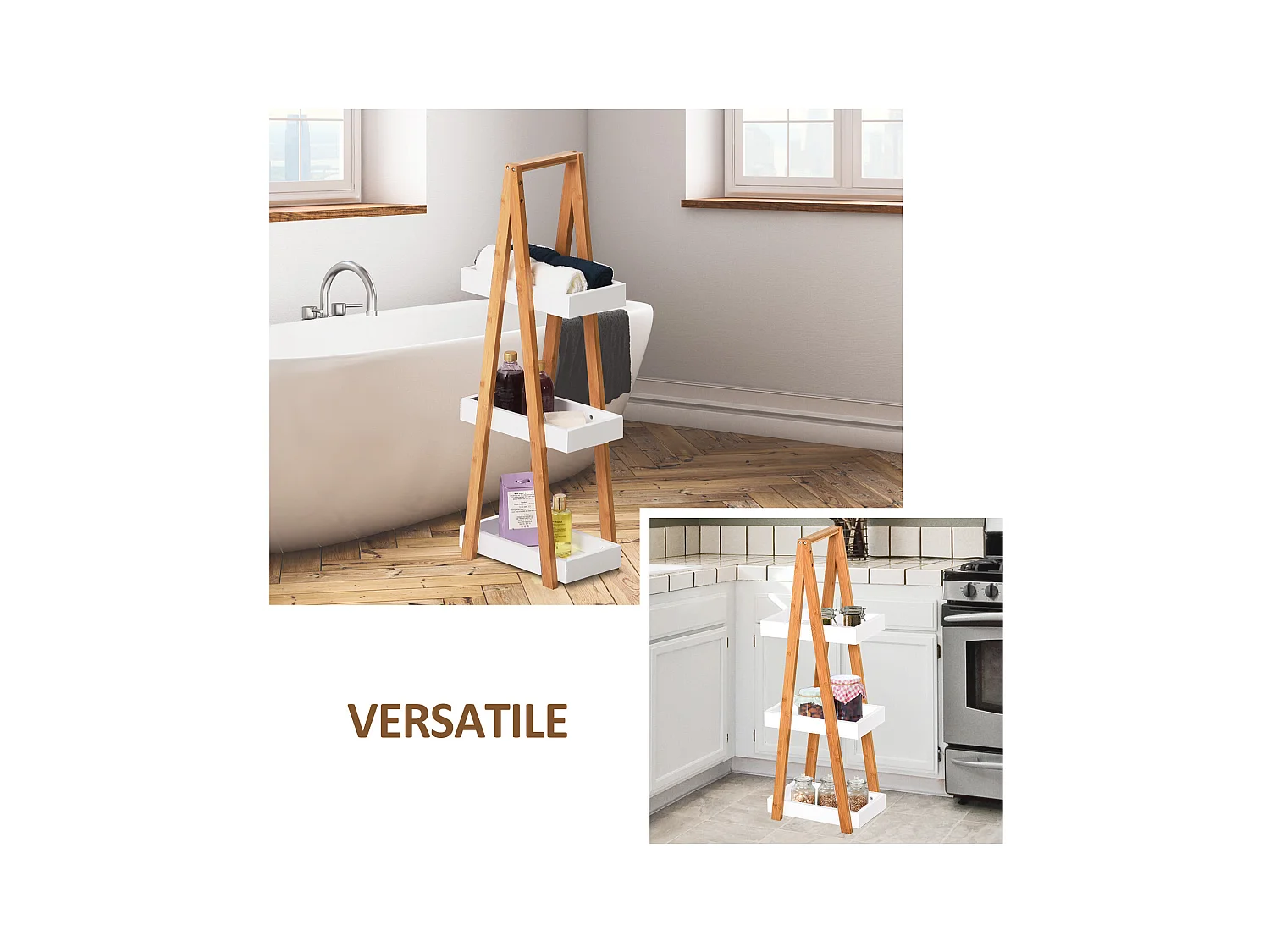 Scaffale bagno a 3 ripiani in mdf e bambù colore legno e grigio