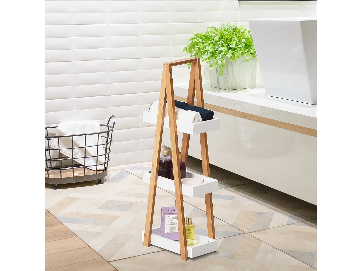 Scaffale bagno a 3 ripiani in mdf e bambù colore legno e grigio