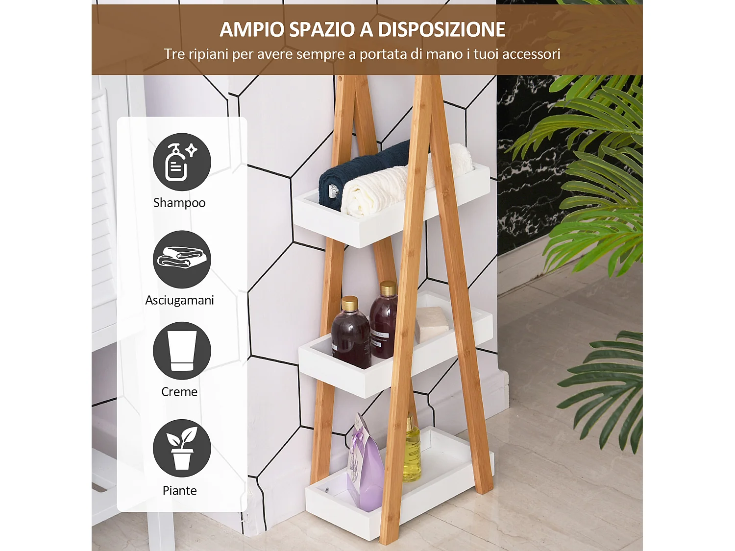 Scaffale bagno a 3 ripiani in mdf e bambù colore legno e grigio
