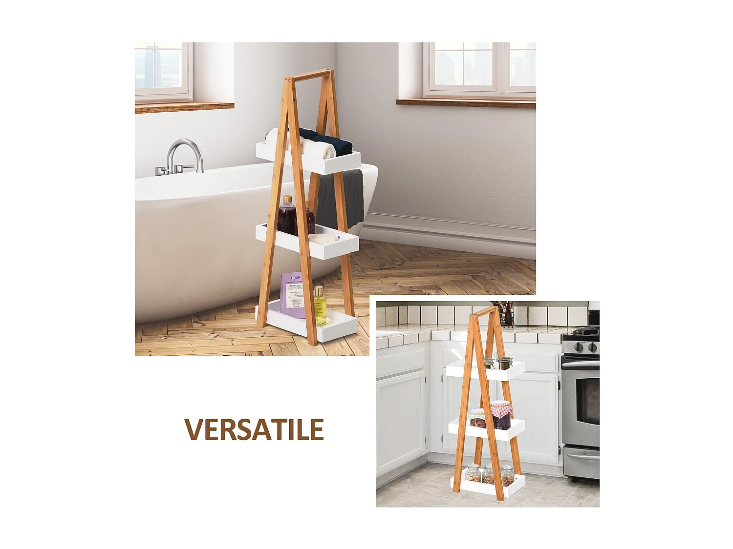 Scaffale bagno a 3 ripiani in mdf e bambù colore legno e grigio