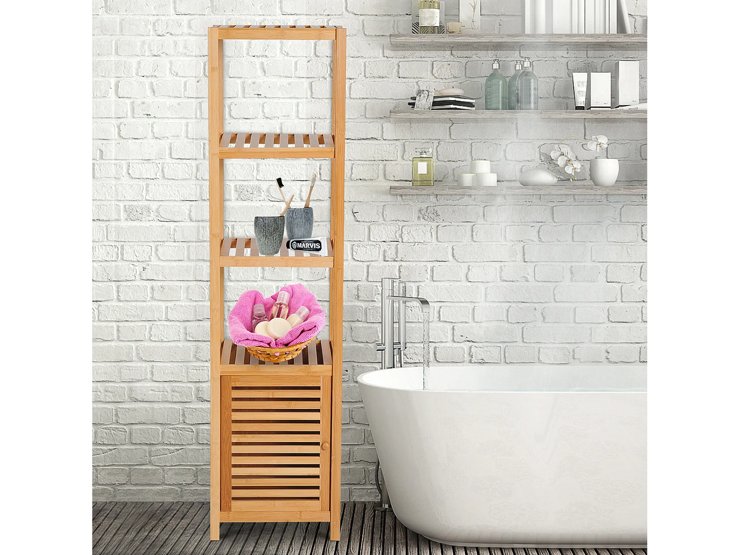 Mobile a colonna 4 ripiani per bagno in bambù