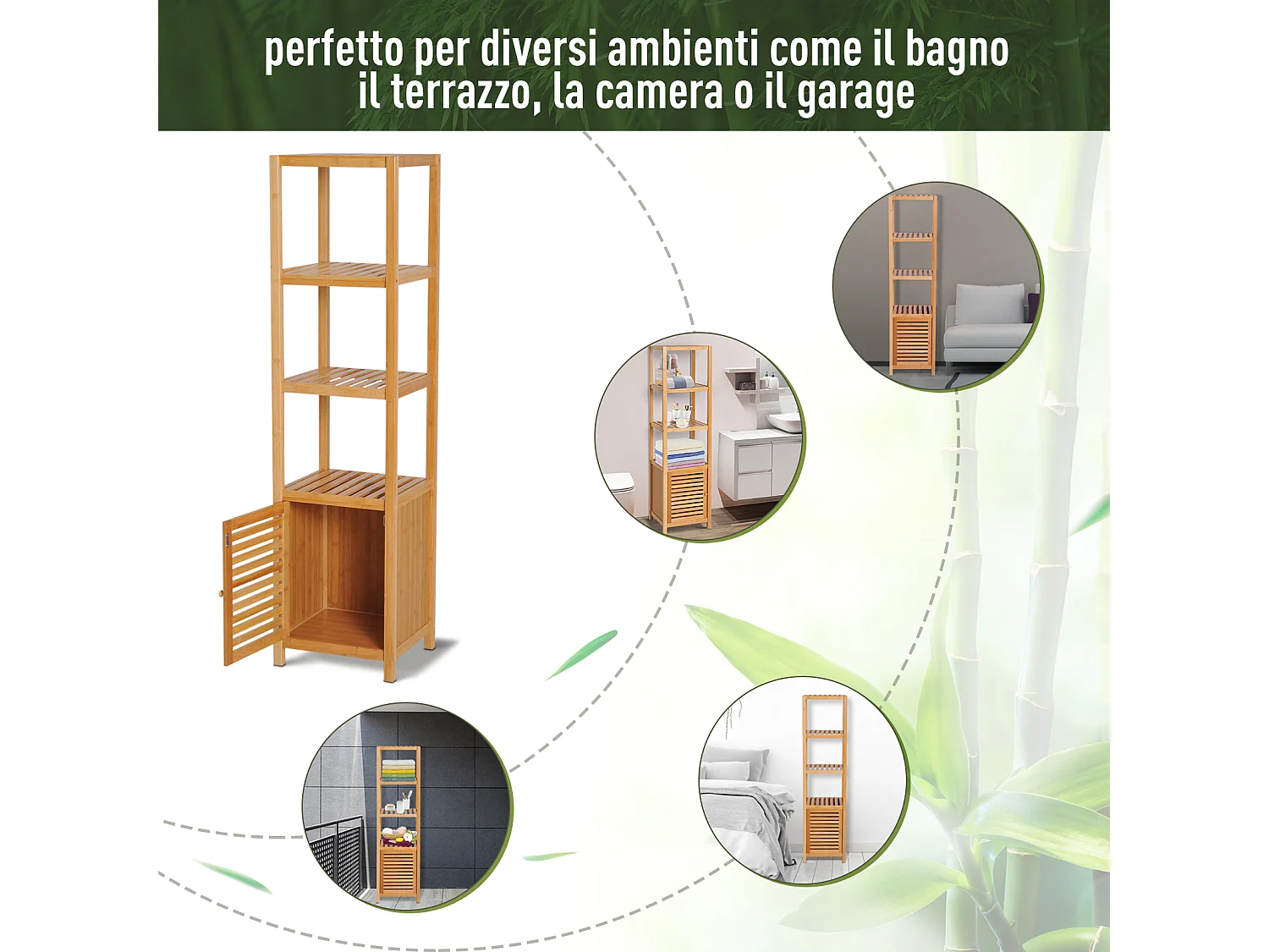 Mobile a colonna 4 ripiani per bagno in bambù