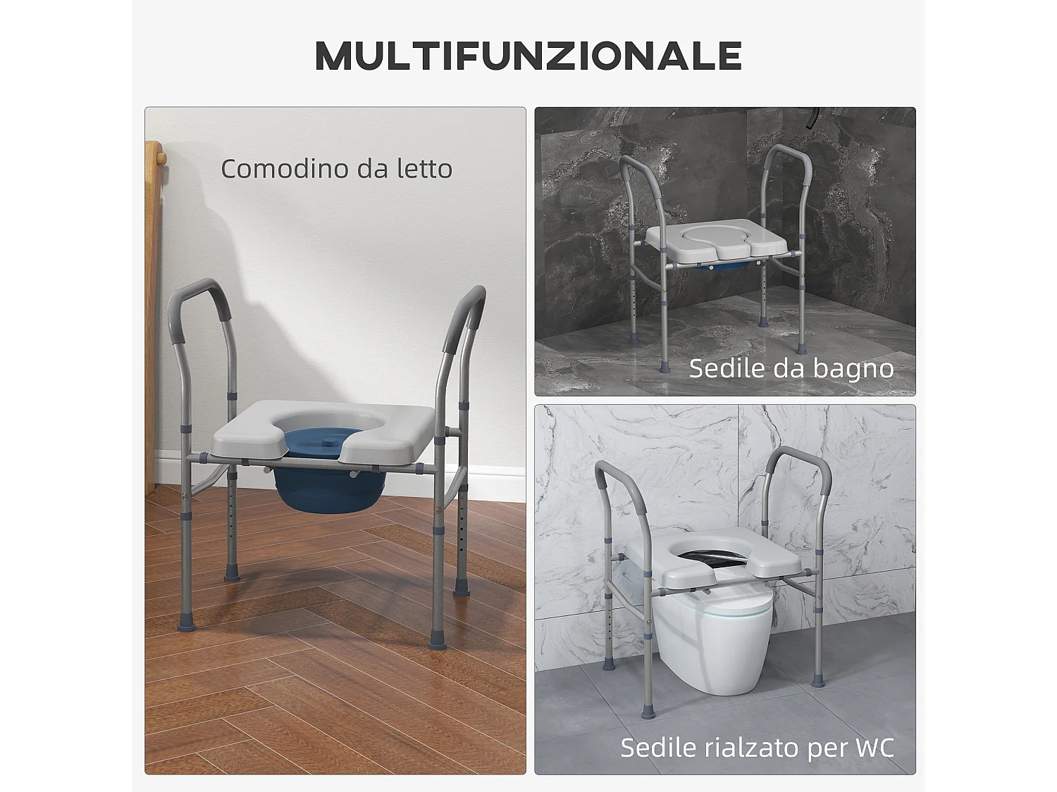 Sedia comoda wc per anziani e disabili con altezza regolabile grigio