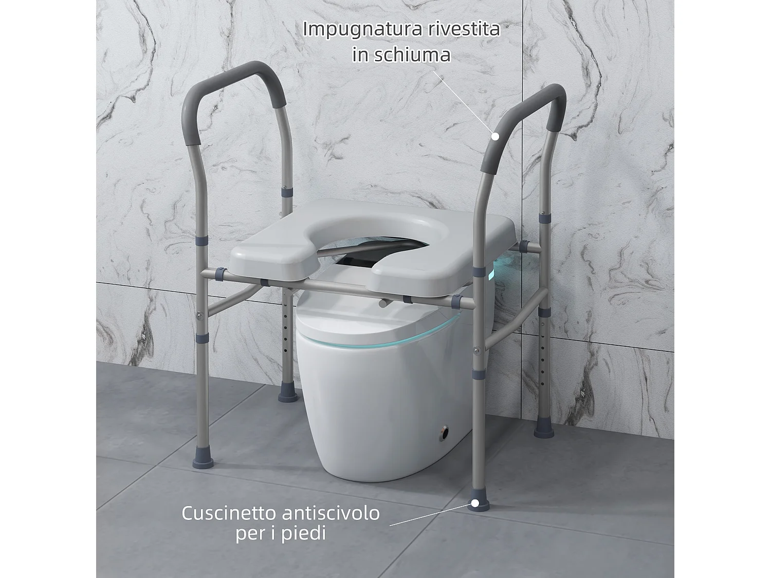 Sedia comoda wc per anziani e disabili con altezza regolabile grigio