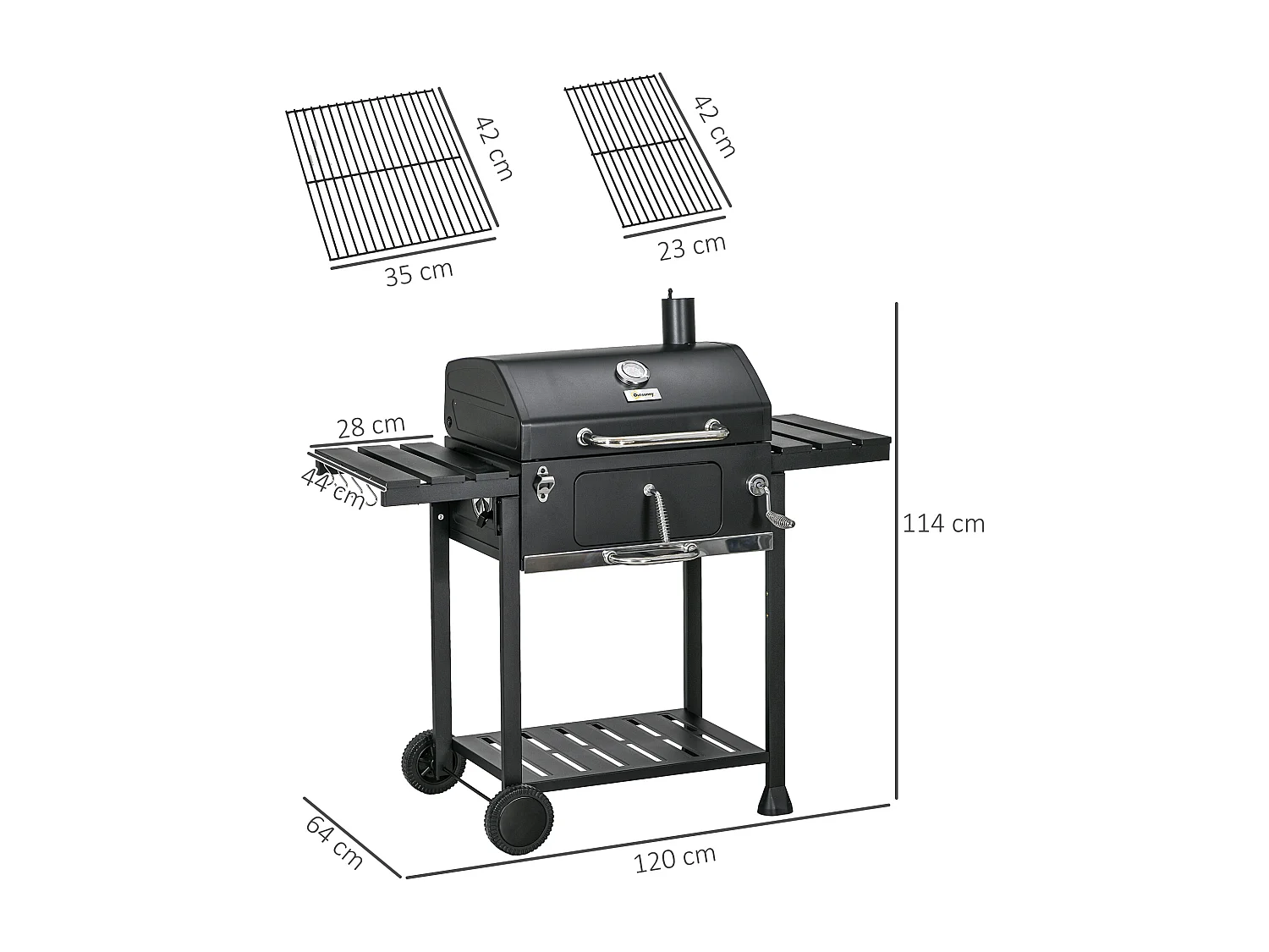 Grill à charbon de bois avec deux grilles, tables latérales rabattables, acier inoxydable, noir (120x64x114 cm)