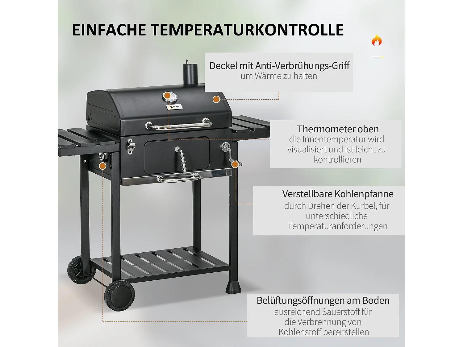 Grill à charbon de bois avec deux grilles, tables latérales rabattables, acier inoxydable, noir (120x64x114 cm)